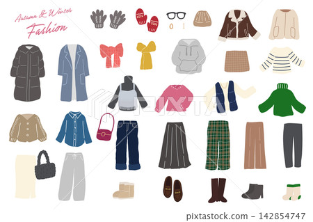 A set of illustrations of women's autumn/winter clothing and fashion items (no people). A set of illustrations of women's autumn/winter clothing and fashion items (no people). 142854747