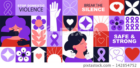 Domestic Violence Awareness Mosaic Banner with Women Support, Safe Home, Ribbon and Heart Symbols, Geometric Vector Illustration 142854752