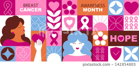 Breast Cancer Awareness Mosaic Banner with Pink Ribbons, Women, Hearts and Support Symbols, Colorful Geometric Vector Background Breast Cancer Awareness Mosaic Banner with Pink Ribbons, Women, Hearts and Support Symbols, Colorful Geometric Vector Background 142854803