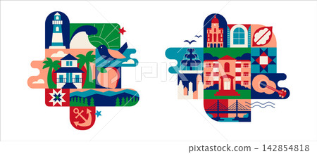 Georgia USA Travel Icon Composition Set with Coastal Landmarks, Savannah Architecture, Nature and Southern Culture, Geometric Vector Collage Georgia USA Travel Icon Composition Set with Coastal Landmarks, Savannah Architecture, Nature and Southern Culture, Geometric Vector Collage 142854818
