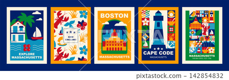 Massachusetts Geometric Travel Poster Set with Boston, Cape Cod, New England Coast, Lighthouse and Lobster, Flat Colorful Vector Templates 142854832