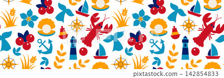 Massachusetts Seamless Pattern with Lobster, Lighthouse, Cranberry, Sailboat and New England Coastal Symbols, Colorful Geometric Vector Background 142854833