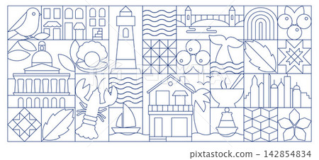 Massachusetts Line Art Mosaic Banner with Boston Architecture, Lighthouse, Lobster, Coastal and New England Symbols, Geometric Vector Outline Massachusetts Line Art Mosaic Banner with Boston Architecture, Lighthouse, Lobster, Coastal and New England Symbols, Geometric Vector Outline 142854834