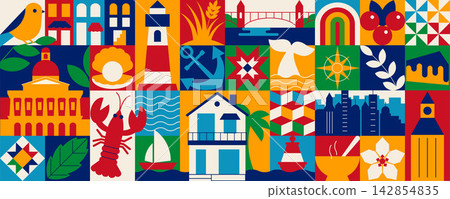 Massachusetts Geometric Mosaic Banner with Boston Architecture, Lighthouse, Lobster, Coastal and New England Symbols, Flat Modular Vector Design Massachusetts Geometric Mosaic Banner with Boston Architecture, Lighthouse, Lobster, Coastal and New England Symbols, Flat Modular Vector Design 142854835