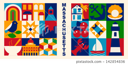 Massachusetts Square Geometric Banners with Boston Architecture, Lighthouse, Lobster and New England Coastal Icons, Flat Modular Vector Templates Massachusetts Square Geometric Banners with Boston Architecture, Lighthouse, Lobster and New England Coastal Icons, Flat Modular Vector Templates 142854836