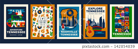 Tennessee Geometric Travel Poster Set with Nashville Music, Southern Culture, Smoky Mountains and Nature, Flat Abstract American Vector Templates Tennessee Geometric Travel Poster Set with Nashville Music, Southern Culture, Smoky Mountains and Nature, Flat Abstract American Vector Templates 142854839