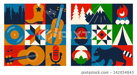 Tennessee Square Geometric Banners with Nashville Music, Mountains, Nature and Travel Icons, Flat Abstract Modular American Vector Templates Tennessee Square Geometric Banners with Nashville Music, Mountains, Nature and Travel Icons, Flat Abstract Modular American Vector Templates 142854843