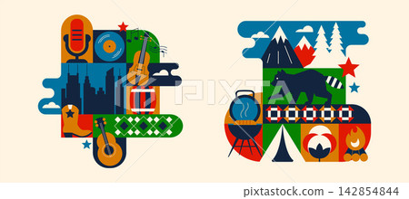 Tennessee Geometric Compositions with Nashville Music, Smoky Mountains, Nature and Travel Icons, Flat Abstract Modular American Vector Set Tennessee Geometric Compositions with Nashville Music, Smoky Mountains, Nature and Travel Icons, Flat Abstract Modular American Vector Set 142854844