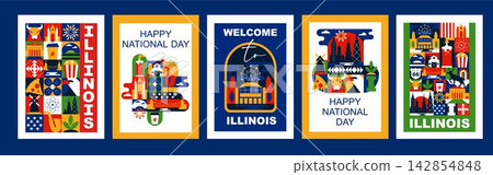 Illinois Chicago American USA Geometric Poster Set, Flat Design Abstract Minimalist Modular Pattern and Mosaic Collage with Architecture, Culture and Travel Symbols Illinois Chicago American USA Geometric Poster Set, Flat Design Abstract Minimalist Modular Pattern and Mosaic Collage with Architecture, Culture and Travel Symbols 142854848