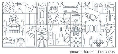 Illinois Chicago American USA Line Art Deco Banner and Geometric Pattern, Flat Minimalist Architecture, Culture and Travel Vector Design Illinois Chicago American USA Line Art Deco Banner and Geometric Pattern, Flat Minimalist Architecture, Culture and Travel Vector Design 142854849