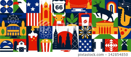 Illinois Chicago American USA Geometric Mosaic Banner with Flat Design Abstract Modular Pattern, Architecture, Culture and Travel Icons Illinois Chicago American USA Geometric Mosaic Banner with Flat Design Abstract Modular Pattern, Architecture, Culture and Travel Icons 142854850