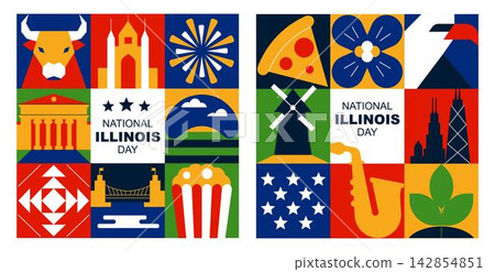 Illinois Chicago American USA Square Geometric Banners with Flat Design Abstract Icons, Modular Blocks, Architecture, Culture and Travel Symbols Illinois Chicago American USA Square Geometric Banners with Flat Design Abstract Icons, Modular Blocks, Architecture, Culture and Travel Symbols 142854851