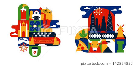 Illinois Chicago American USA Geometric Compositions with Flat Design Icons, Abstract Modular Blocks, and Cultural Travel Symbols Illinois Chicago American USA Geometric Compositions with Flat Design Icons, Abstract Modular Blocks, and Cultural Travel Symbols 142854853