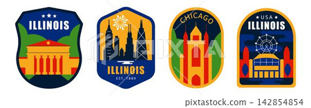 Illinois Chicago American USA Geometric Sticker and Badge Set, Flat Design Abstract Minimalist Icons with City, Culture and Travel Symbols Illinois Chicago American USA Geometric Sticker and Badge Set, Flat Design Abstract Minimalist Icons with City, Culture and Travel Symbols 142854854