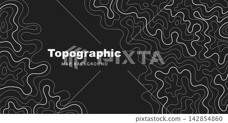 Topographic Map Background Banner Template. Black Wallpaper with White Contour Lines 142854860