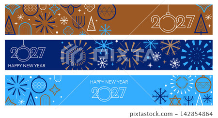 2027 New Year Long Banners and Header Templates, Geometric Line Art Holiday Symbols and Elegant Festive Design 2027 New Year Long Banners and Header Templates, Geometric Line Art Holiday Symbols and Elegant Festive Design 142854864