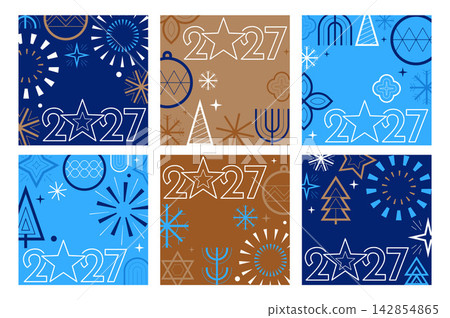 2027 New Year Square Banner Templates, Elegant Geometric Line Art Christmas Symbols and Holiday Designs 142854865