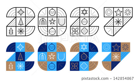 2027 Geometric Number Design with Mosaic Pattern and Line Art Icons, Modern New Year Vector Typography 142854867