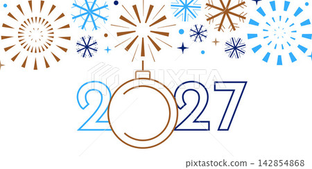 2027 New Year Celebration Banner with Fireworks and Snowflakes, Geometric Holiday Vector Design 2027 New Year Celebration Banner with Fireworks and Snowflakes, Geometric Holiday Vector Design 142854868