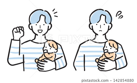 Simple color set of dad poses holding a baby - for anxiety, triumphant gestures, parenting, and childcare worries. 142854880