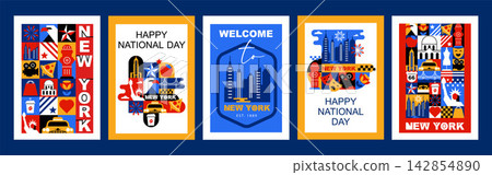 New York USA Geometric Poster Set with American Culture, Architecture, Nature and Travel Symbols, Flat Geometric Bold Retro Minimalist Vector Illustrations New York USA Geometric Poster Set with American Culture, Architecture, Nature and Travel Symbols, Flat Geometric Bold Retro Minimalist Vector Illustrations 142854890