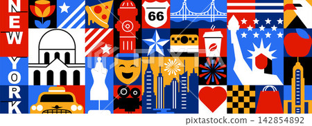 New York USA Geometric Mosaic Banner with American Culture, Architecture and Travel Symbols, Modular Pattern Flat Vector Design New York USA Geometric Mosaic Banner with American Culture, Architecture and Travel Symbols, Modular Pattern Flat Vector Design 142854892