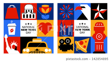 New York USA Square Banner Set with American Culture, Architecture and Travel Icons, Flat Geometric Bold Retro Minimalist Vector Graphics New York USA Square Banner Set with American Culture, Architecture and Travel Icons, Flat Geometric Bold Retro Minimalist Vector Graphics 142854895