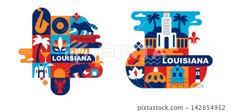 Louisiana Geometric Compositions with Travel, Nature, Music, Holiday Icons, Bold Retro Design and text Louisiana Geometric Compositions with Travel, Nature, Music, Holiday Icons, Bold Retro Design and text 142854912