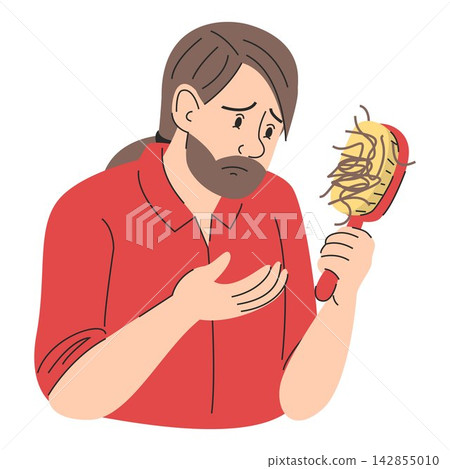 Sad man looking at hair comb Sad man looking at hair comb 142855010