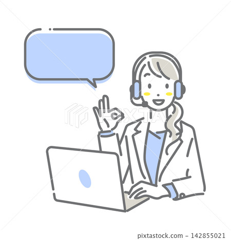 一位面帶微笑的客服人員正在提供建議——簡潔時尚的線條畫插圖。 一位面帶微笑的客服人員正在提供建議——簡潔時尚的線條畫插圖。 142855021