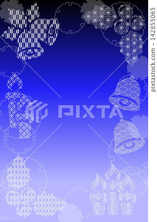 Watermarked Japanese pattern Christmas ornament background, blue, vertical. 142855065