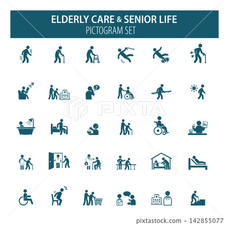 30 pictograms depicting the lives and care of the elderly. 30 pictograms depicting the lives and care of the elderly. 142855077