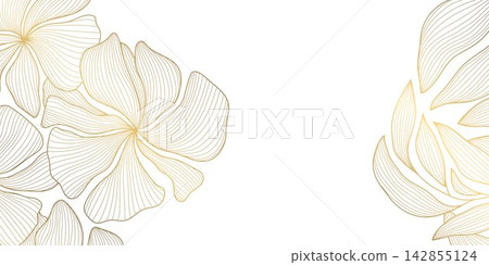 Elegant abstract floral pattern with golden line flowers, leaves, waves, art deco ornament on white background, frame, luxury corners. Plant wallpaper, tea packaging, wedding card, nature illustration Elegant abstract floral pattern with golden line flowers, leaves, waves, art deco ornament on white background, frame, luxury corners. Plant wallpaper, tea packaging, wedding card, nature illustration 142855124