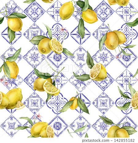 Seamless pattern with tropical lemon. Hand drawn watercolor illustration on white isolated background. Citrus pattern with Mediterranean-style or Portuguese tile for frame or banner 142855182