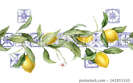 Seamless horizontal border or banner tropical lemon. Hand drawn watercolor illustration on white isolated background. Citrus pattern with Mediterranean-style or Portuguese tile for frame or banner Seamless horizontal border or banner tropical lemon. Hand drawn watercolor illustration on white isolated background. Citrus pattern with Mediterranean-style or Portuguese tile for frame or banner 142855183