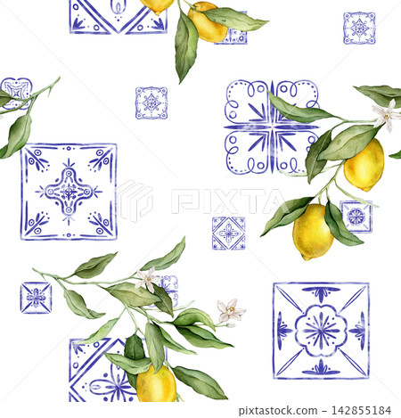 Seamless pattern with tropical lemon. Hand drawn watercolor illustration on white isolated background. Citrus pattern with Mediterranean-style or Portuguese tile for frame or banner Seamless pattern with tropical lemon. Hand drawn watercolor illustration on white isolated background. Citrus pattern with Mediterranean-style or Portuguese tile for frame or banner 142855184