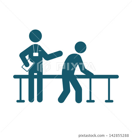 A person performing walking exercises on parallel bars, with staff members supervising. A person performing walking exercises on parallel bars, with staff members supervising. 142855288