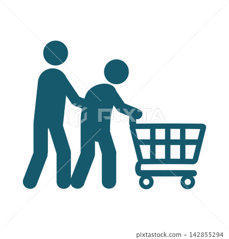 A person pushing a shopping cart and their caregiver. A person pushing a shopping cart and their caregiver. 142855294