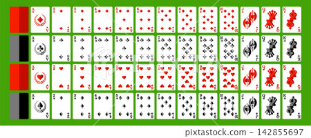 Full deck of playing cards vector illustration, isometric 3D geometric design set on green background. 142855697