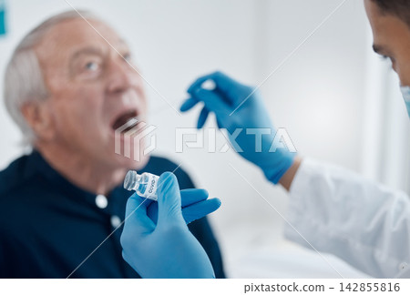 Man, hands and doctor with vaccine for elderly patient checkup, exam or healthcare appointment at hospital for covid. Medical professional, senior person and protection for sick man for flu at clinic Man, hands and doctor with vaccine for elderly patient checkup, exam or healthcare appointment at hospital for covid. Medical professional, senior person and protection for sick man for flu at clinic 142855816