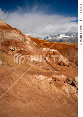 Panoramic view of red and yellow mountains with canyons and gorges at Mars Altai Russia. Popular tourist destination showcasing unique colorful geological formations. 142855903