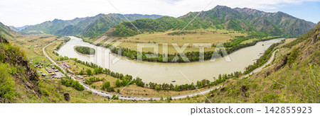 Katun River bend with Patmos Island near Chemal in Altai Republic Russia. Travel destination and landscape exploration in mountain region Katun River bend with Patmos Island near Chemal in Altai Republic Russia. Travel destination and landscape exploration in mountain region 142855923