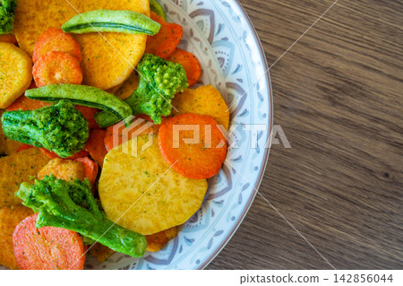 Mixed vegetable chips in bowl with copy space on wooden background. Healthy snack and clean eating concept without salt sugar or additives. Mixed vegetable chips in bowl with copy space on wooden background. Healthy snack and clean eating concept without salt sugar or additives. 142856044