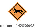 Road sign illustration warning of foxes crossing the road / caution regarding wild animals 142856098