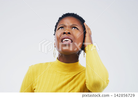 Thinking, confused and black woman with stress for problem solving, question and brainstorming solution isolated on white studio background. Idea, serious and person with doubt, crisis or mistake Thinking, confused and black woman with stress for problem solving, question and brainstorming solution isolated on white studio background. Idea, serious and person with doubt, crisis or mistake 142856729
