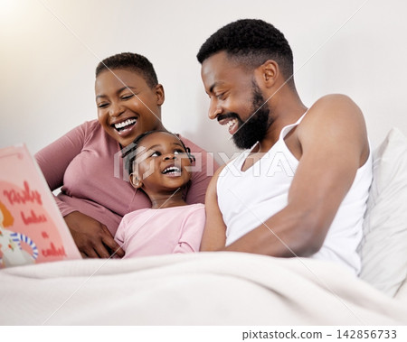 Parents, reading and child with book in bed for learning language in story and education in home. Funny, black family or kid relax with creative fairytale for development of literacy with mom and dad Parents, reading and child with book in bed for learning language in story and education in home. Funny, black family or kid relax with creative fairytale for development of literacy with mom and dad 142856733