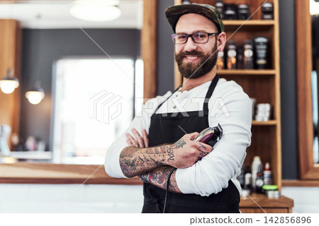 Barber, scissors and hair salon portrait with hairstylist, hairdresser and professional tools in small business. Barbershop, workplace and man with smile and grooming gear for haircut and styling Barber, scissors and hair salon portrait with hairstylist, hairdresser and professional tools in small business. Barbershop, workplace and man with smile and grooming gear for haircut and styling 142856896