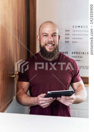 Businessman, owner and tablet or happy portrait, online barbershop and blog or customer reviews. Inventory, internet order and products for ecommerce shopping, schedule appointments and communication 142856900