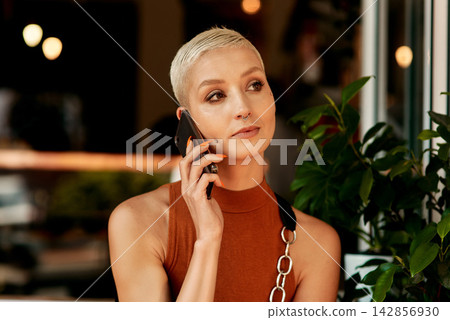 Phone call, talking and woman in coffee shop for contact, online chatting and speaking in city. Restaurant, cafeteria and person on smartphone for communication, networking and connection on weekend Phone call, talking and woman in coffee shop for contact, online chatting and speaking in city. Restaurant, cafeteria and person on smartphone for communication, networking and connection on weekend 142856930
