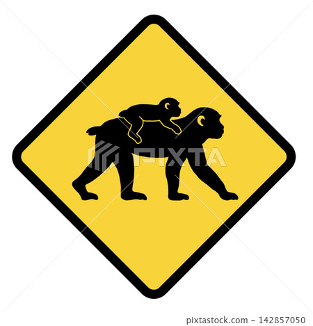 Caution: Mother and baby monkeys. (Yellow diamond-shaped wildlife warning icon) 142857050